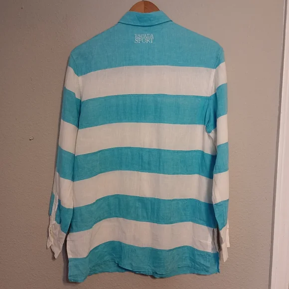 Vintage Escada Sport 100% Linen Long Sleeve Striped Button Down Top Aqua - Picture 3 of 11